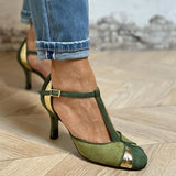 María - Tacones de patchwork con tira en T y puntera cerrada